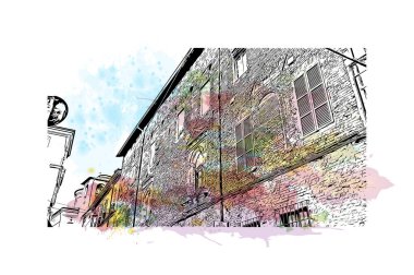 Print Building view with landmark of Parma is the city in Italy. Vektörde elle çizilmiş resim ile suluboya sıçraması.