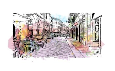 Print Building view with landmark of Parma is the city in Italy. Vektörde elle çizilmiş resim ile suluboya sıçraması.