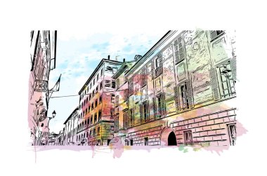 Print Building view with landmark of Parma is the city in Italy. Vektörde elle çizilmiş resim ile suluboya sıçraması.