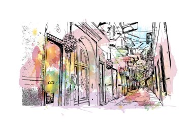 Print Building view with landmark of Parma is the city in Italy. Vektörde elle çizilmiş resim ile suluboya sıçraması.