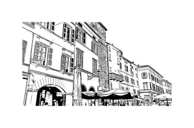 Print Building view with landmark of Parma is the city in Italy. Vektörde elle çizilmiş çizim çizimi.