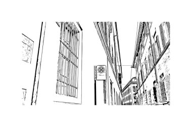 Print Building view with landmark of Parma is the city in Italy. Vektörde elle çizilmiş çizim çizimi.