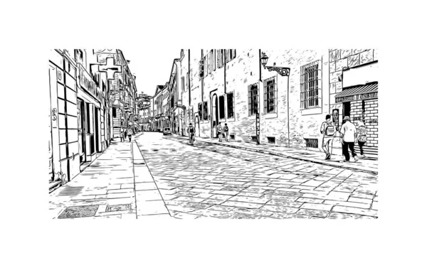 带有帕尔马地标的印刷建筑景观是意大利的城市 矢量手绘草图 — 图库矢量图片