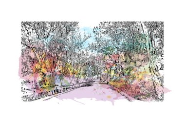 Patras 'ın tarihi yapısına sahip Print Building manzarası Yunanistan' ın kentidir. Vektörde elle çizilmiş resim ile suluboya sıçraması.