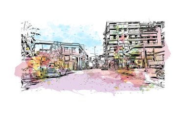 Patras 'ın tarihi yapısına sahip Print Building manzarası Yunanistan' ın kentidir. Vektörde elle çizilmiş resim ile suluboya sıçraması.