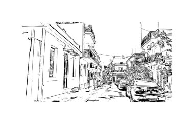 Patras 'ın tarihi yapısına sahip Print Building manzarası Yunanistan' ın kentidir. Vektörde elle çizilmiş çizim çizimi.