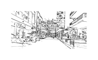 Patras 'ın tarihi yapısına sahip Print Building manzarası Yunanistan' ın kentidir. Vektörde elle çizilmiş çizim çizimi.