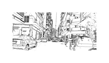 Patras 'ın tarihi yapısına sahip Print Building manzarası Yunanistan' ın kentidir. Vektörde elle çizilmiş çizim çizimi.