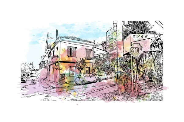 Print Building View Landmark Patras Staden Grekland Akvarell Stänk Med — Stock vektor