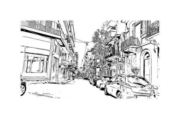 Vytisknout Pohled Budovu Orientačním Bodem Patras Město Řecku Ručně Kreslená — Stockový vektor