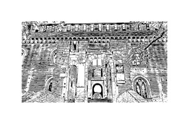 Pavia 'nın simgesi olan Print Building view İtalya' da yer almaktadır. Vektörde elle çizilmiş çizim çizimi.