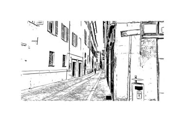 Pavia 'nın simgesi olan Print Building view İtalya' da yer almaktadır. Vektörde elle çizilmiş çizim çizimi.