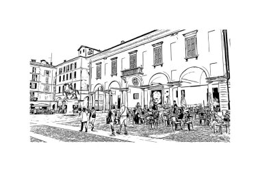 Pavia 'nın simgesi olan Print Building view İtalya' da yer almaktadır. Vektörde elle çizilmiş çizim çizimi.
