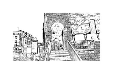 Pavia 'nın simgesi olan Print Building view İtalya' da yer almaktadır. Vektörde elle çizilmiş çizim çizimi.