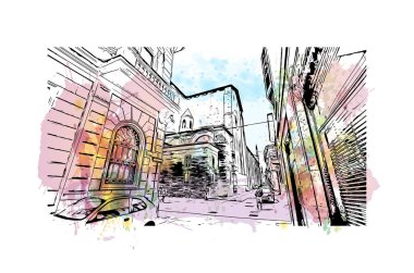 Pavia 'nın simgesi olan Print Building view İtalya' da yer almaktadır. Vektörde elle çizilmiş resim ile suluboya sıçraması.