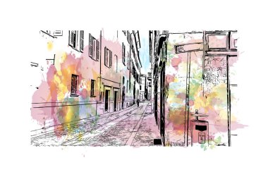 Pavia 'nın simgesi olan Print Building view İtalya' da yer almaktadır. Vektörde elle çizilmiş resim ile suluboya sıçraması.