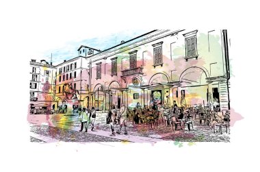 Pavia 'nın simgesi olan Print Building view İtalya' da yer almaktadır. Vektörde elle çizilmiş resim ile suluboya sıçraması.