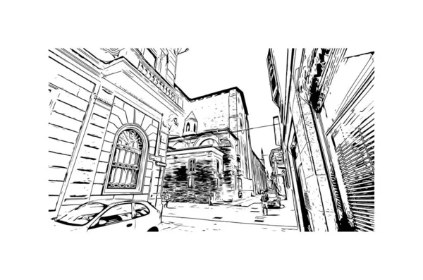 Imprimir Vista Del Edificio Con Hito Pavía Ciudad Italia Dibujo — Vector de stock