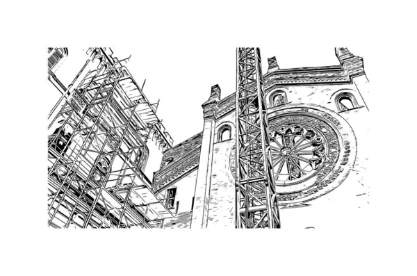 Pavia 'nın simgesi olan Print Building view İtalya' da yer almaktadır. Vektörde elle çizilmiş çizim çizimi.