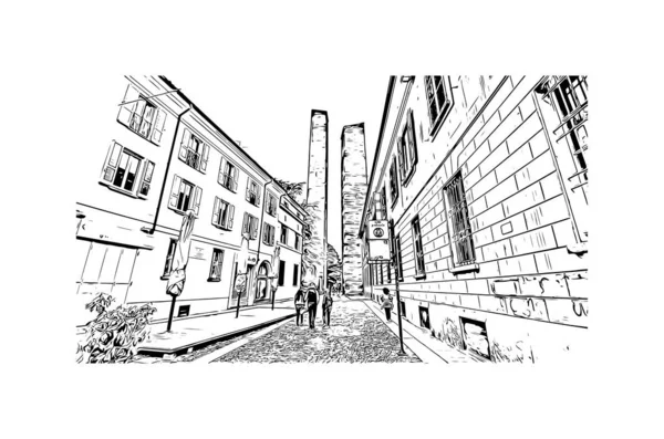 帕维亚的标志性建筑是意大利的一个城镇 矢量手绘草图 — 图库矢量图片