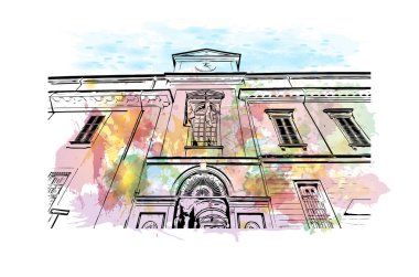 Pavia 'nın simgesi olan Print Building view İtalya' da yer almaktadır. Vektörde elle çizilmiş resim ile suluboya sıçraması.
