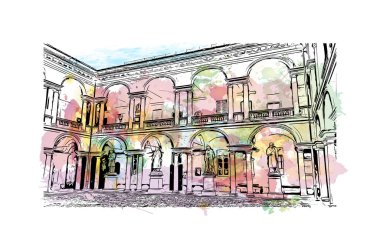 Pavia 'nın simgesi olan Print Building view İtalya' da yer almaktadır. Vektörde elle çizilmiş resim ile suluboya sıçraması.