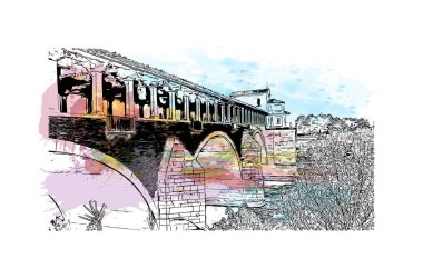 Pavia 'nın simgesi olan Print Building view İtalya' da yer almaktadır. Vektörde elle çizilmiş resim ile suluboya sıçraması.