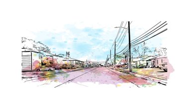 Pasadena manzaralı Print Building, Kaliforniya 'da bir şehirdir. Vektörde elle çizilmiş resim ile suluboya sıçraması.