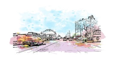 Pasadena manzaralı Print Building, Kaliforniya 'da bir şehirdir. Vektörde elle çizilmiş resim ile suluboya sıçraması