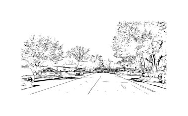 Pasadena manzaralı Print Building, Kaliforniya 'da bir şehirdir. Vektörde elle çizilmiş çizim çizimi.