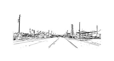 Pasadena manzaralı Print Building, Kaliforniya 'da bir şehirdir. Vektörde elle çizilmiş çizim çizimi.