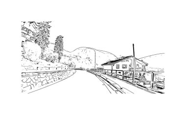 Yazdırma Binası manzaralı Rolle Pass İtalya 'daki dağdır. Vektörde elle çizilmiş çizim çizimi.