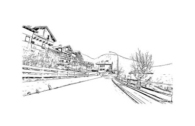 Yazdırma Binası manzaralı Rolle Pass İtalya 'daki dağdır. Vektörde elle çizilmiş çizim çizimi.