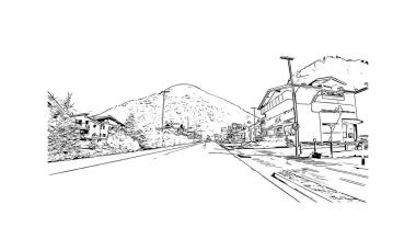 Yazdırma Binası manzaralı Rolle Pass İtalya 'daki dağdır. Vektörde elle çizilmiş çizim çizimi.