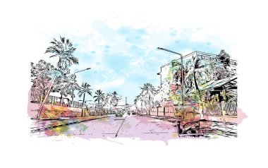 Print Building view with landmark of Pattaya City is the city in Thailand. Vektörde elle çizilmiş resim ile suluboya sıçraması.