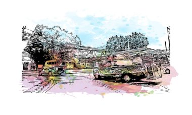 Print Building view with landmark of Pattaya City is the city in Thailand. Vektörde elle çizilmiş resim ile suluboya sıçraması.