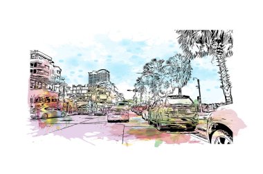 Print Building view with landmark of Pattaya City is the city in Thailand. Vektörde elle çizilmiş resim ile suluboya sıçraması.