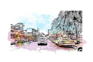 Print Building view with landmark of Pattaya City is the city in Thailand. Vektörde elle çizilmiş resim ile suluboya sıçraması.