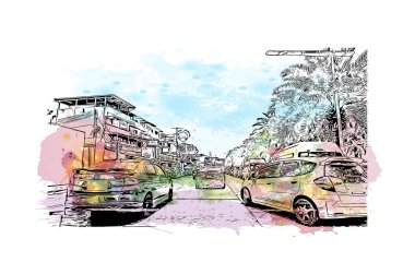 Print Building view with landmark of Pattaya City is the city in Thailand. Vektörde elle çizilmiş resim ile suluboya sıçraması.