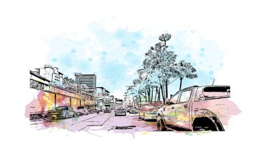 Print Building view with landmark of Pattaya City is the city in Thailand. Vektörde elle çizilmiş resim ile suluboya sıçraması.