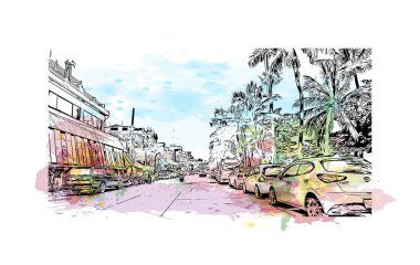 Print Building view with landmark of Pattaya City is the city in Thailand. Vektörde elle çizilmiş resim ile suluboya sıçraması.