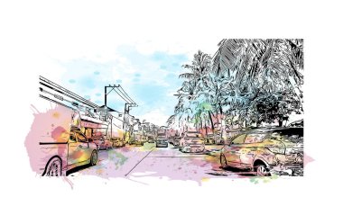 Print Building view with landmark of Pattaya City is the city in Thailand. Vektörde elle çizilmiş resim ile suluboya sıçraması.