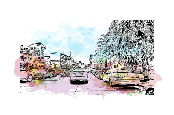 Print Building view with landmark of Pattaya City is the city in Thailand. Vektörde elle çizilmiş resim ile suluboya sıçraması.