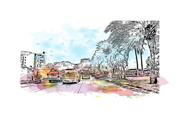 Print Building view with landmark of Pattaya City is the city in Thailand. Vektörde elle çizilmiş resim ile suluboya sıçraması.