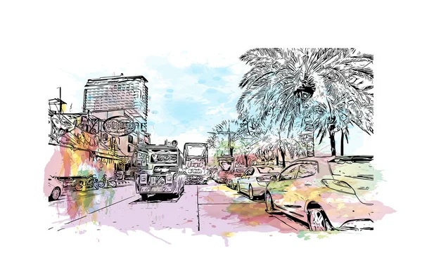 Print Building view with landmark of Pattaya City is the city in Thailand. Vektörde elle çizilmiş resim ile suluboya sıçraması.