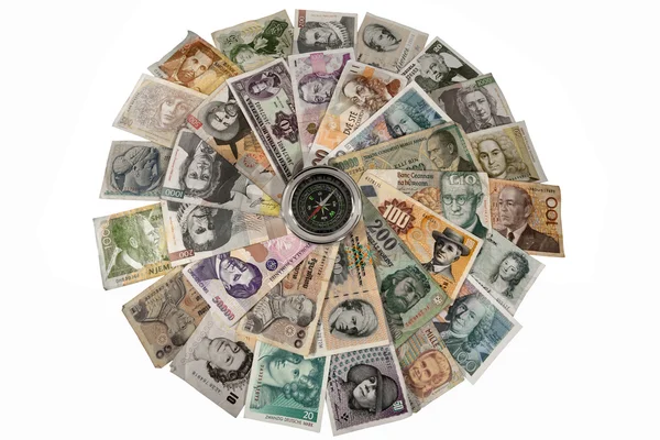 Compass and banknotes of many Countries — Stock Photo, Image