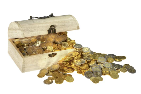 Wooden chest with golden coins — Stock Photo, Image