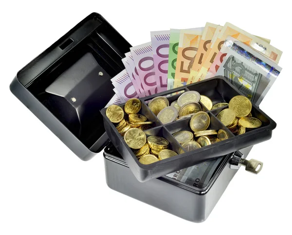 Pénz készpénzes dobozban Stock Kép