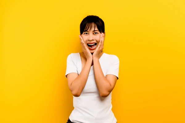 Happy Woman Portrait Happy Optimistic Woman Smile Carefree Standing Shirt — Stockfoto