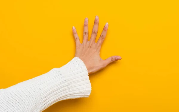 Mani Una Bella Donna Con Unghie Lunghe Pulite Uno Sfondo — Foto Stock